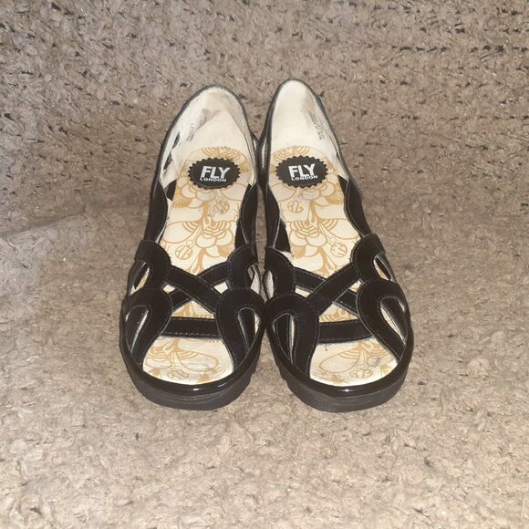 FLY LONDON-Yadi-Black Patent Leather Platform Wedge-Cage Cut-Out-Sz 39-Excellent - Picture 3 of 7